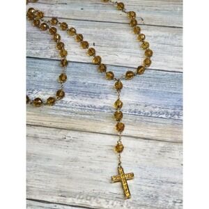 Cross Gold tone Amber  Beads Rosary Necklace